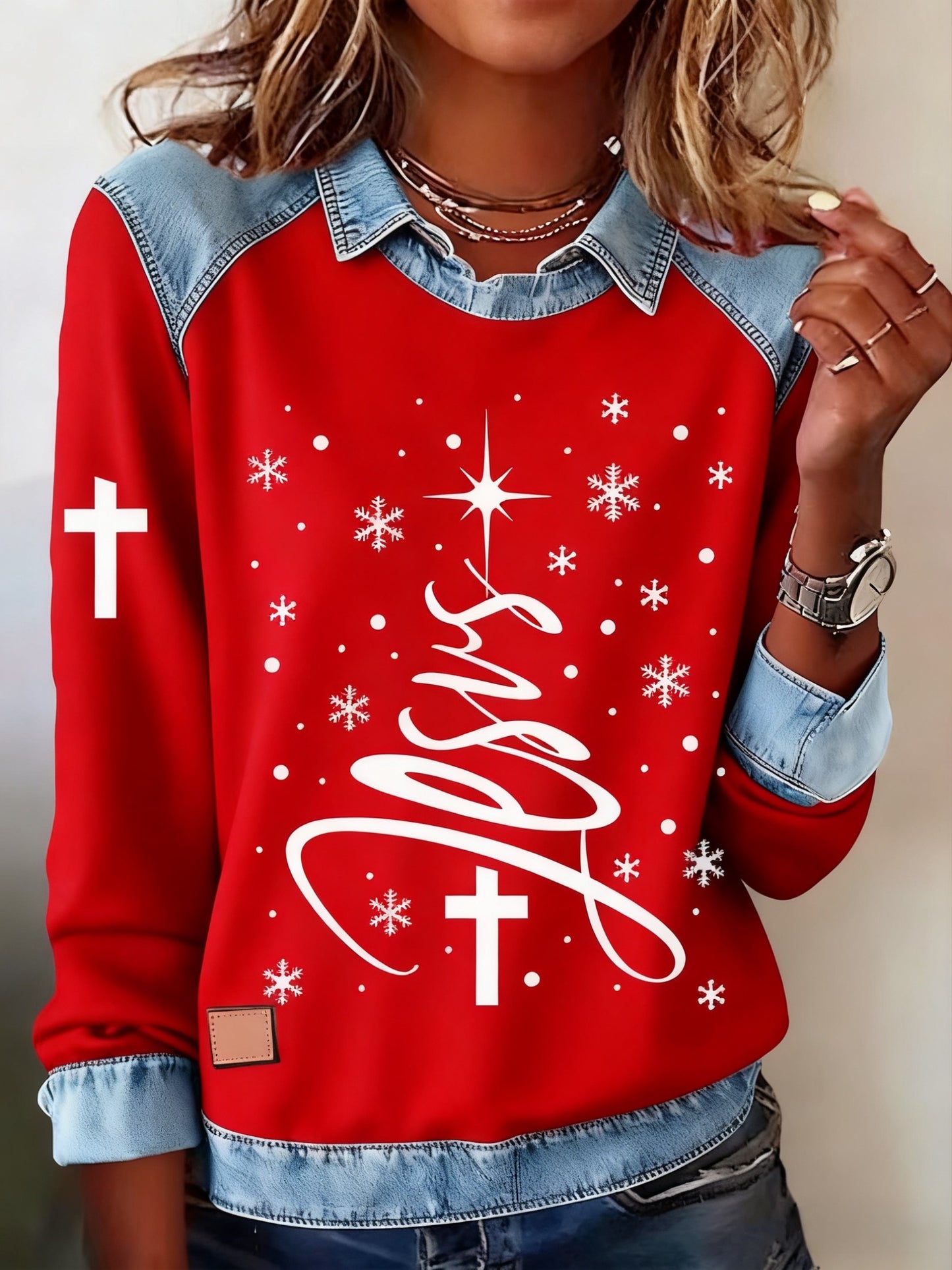 Retro Christmas Faith Abstract Print Casua Lapel Top