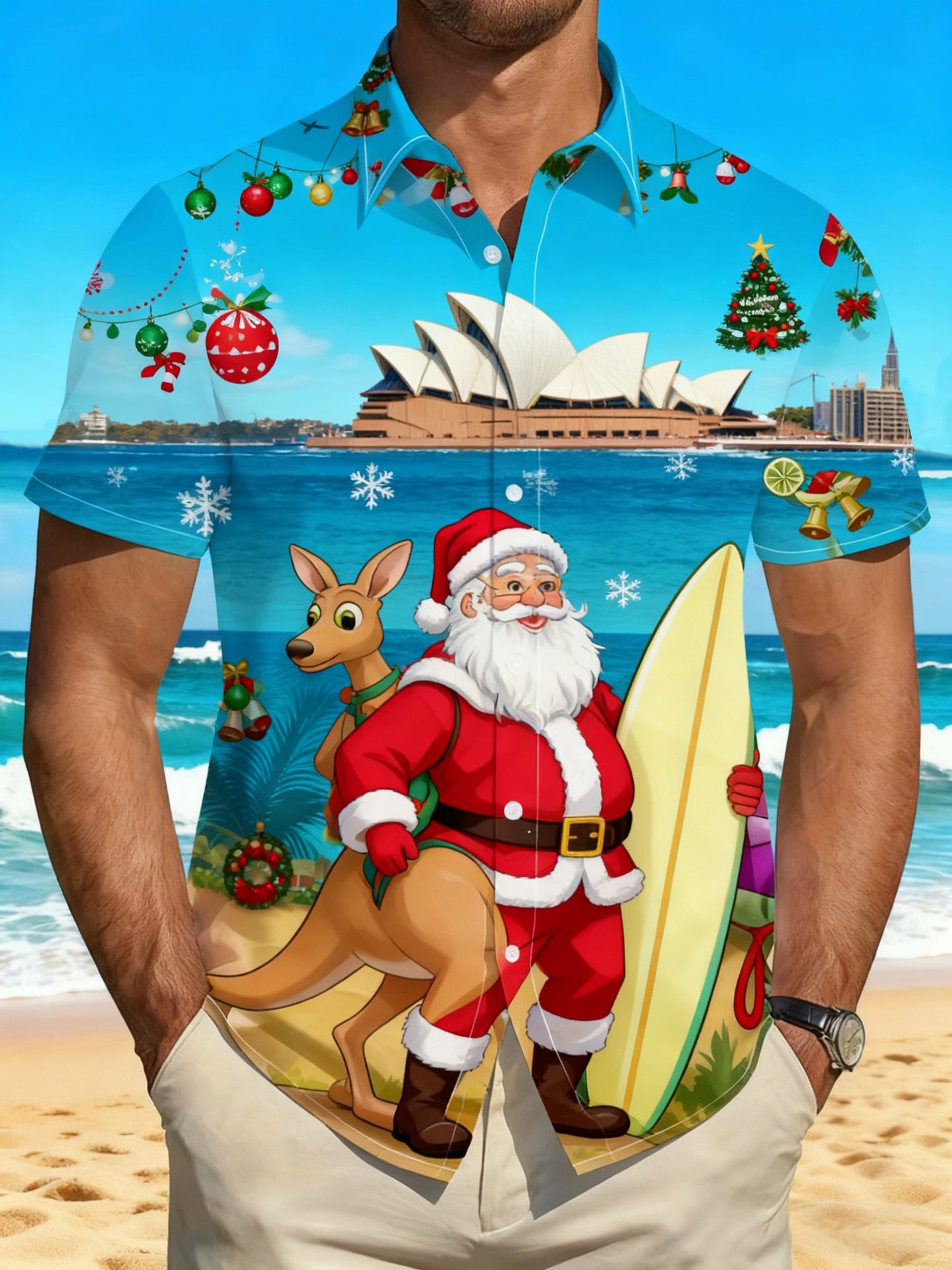 Men's Retro Australian Christmas Santa Claus Beach Kangaroo Abstract Print Casual Cotton Short Sleeve Shirt