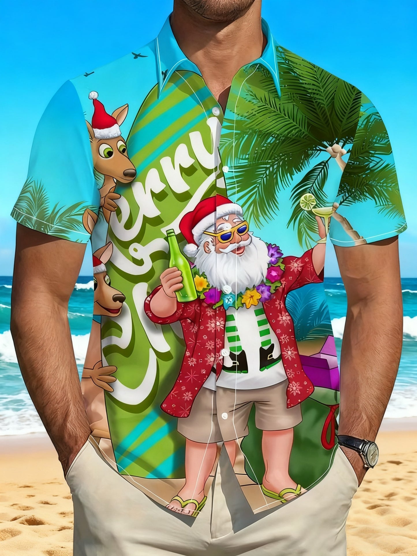 Men's Retro Australian Christmas Santa Claus Beach, Beer Abstract Print Casual Cotton Short Sleeve Shirt
