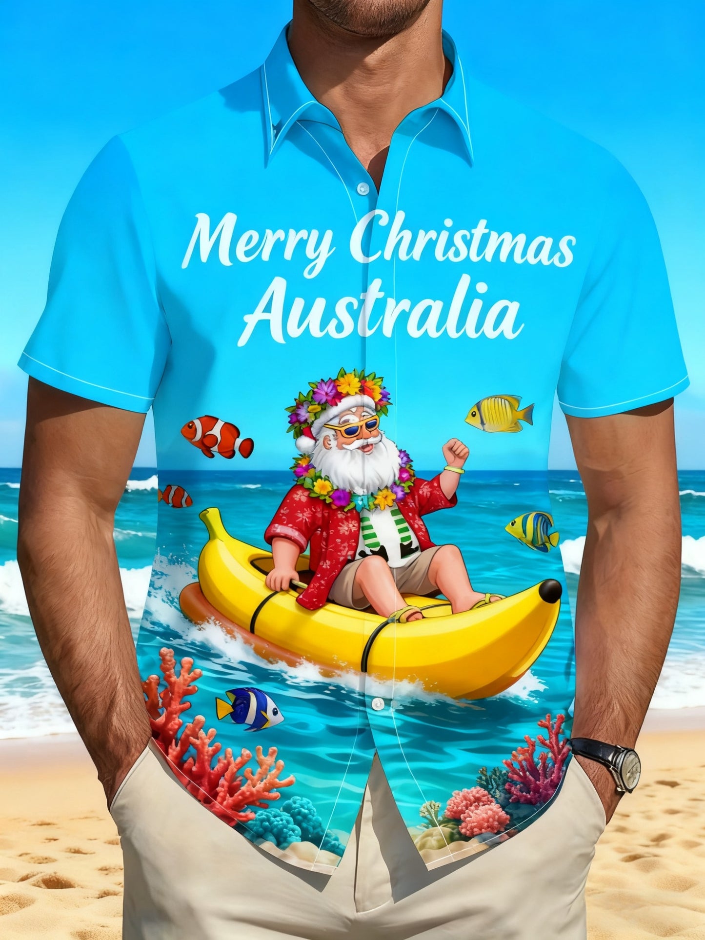 Men's Retro Australian Christmas Santa Claus Beach Abstract Print Casual Cotton Short Sleeve Shirt