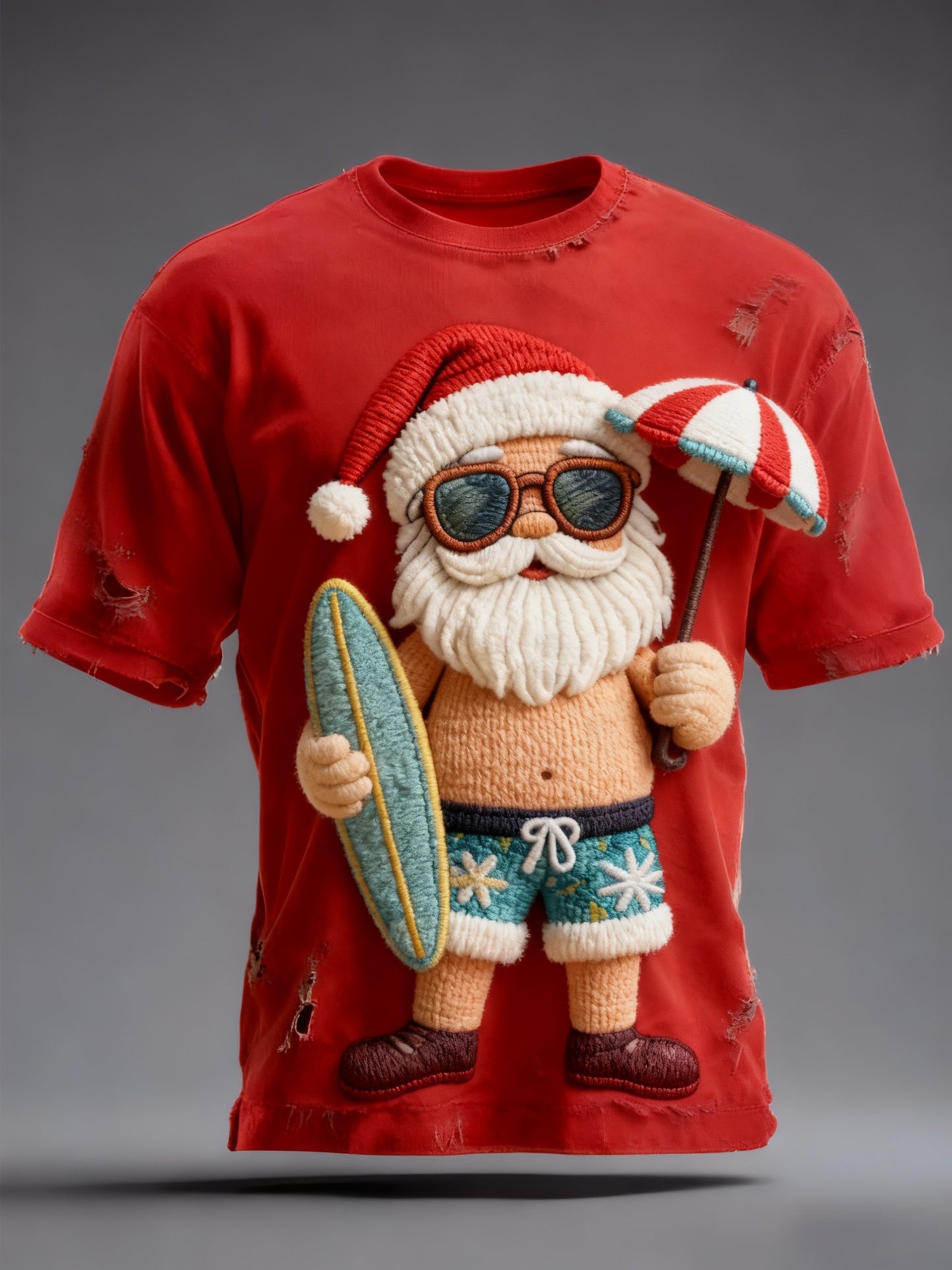 Retro Australian Christmas Beach Santa Print Casual Cotton Short Sleeve T-Shirt