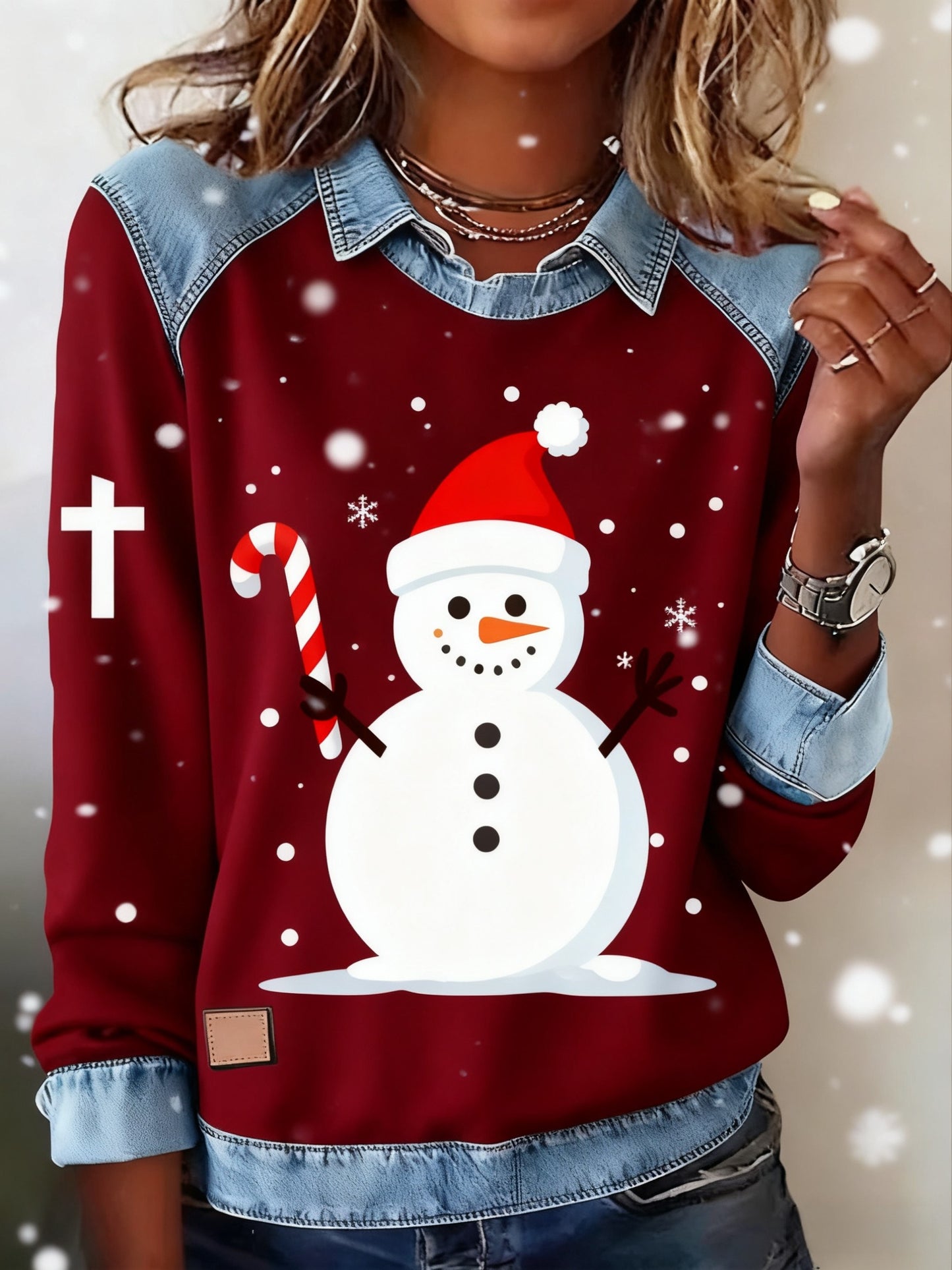 Retro Christmas Faith Snowman Abstract Print Casua Lapel Top