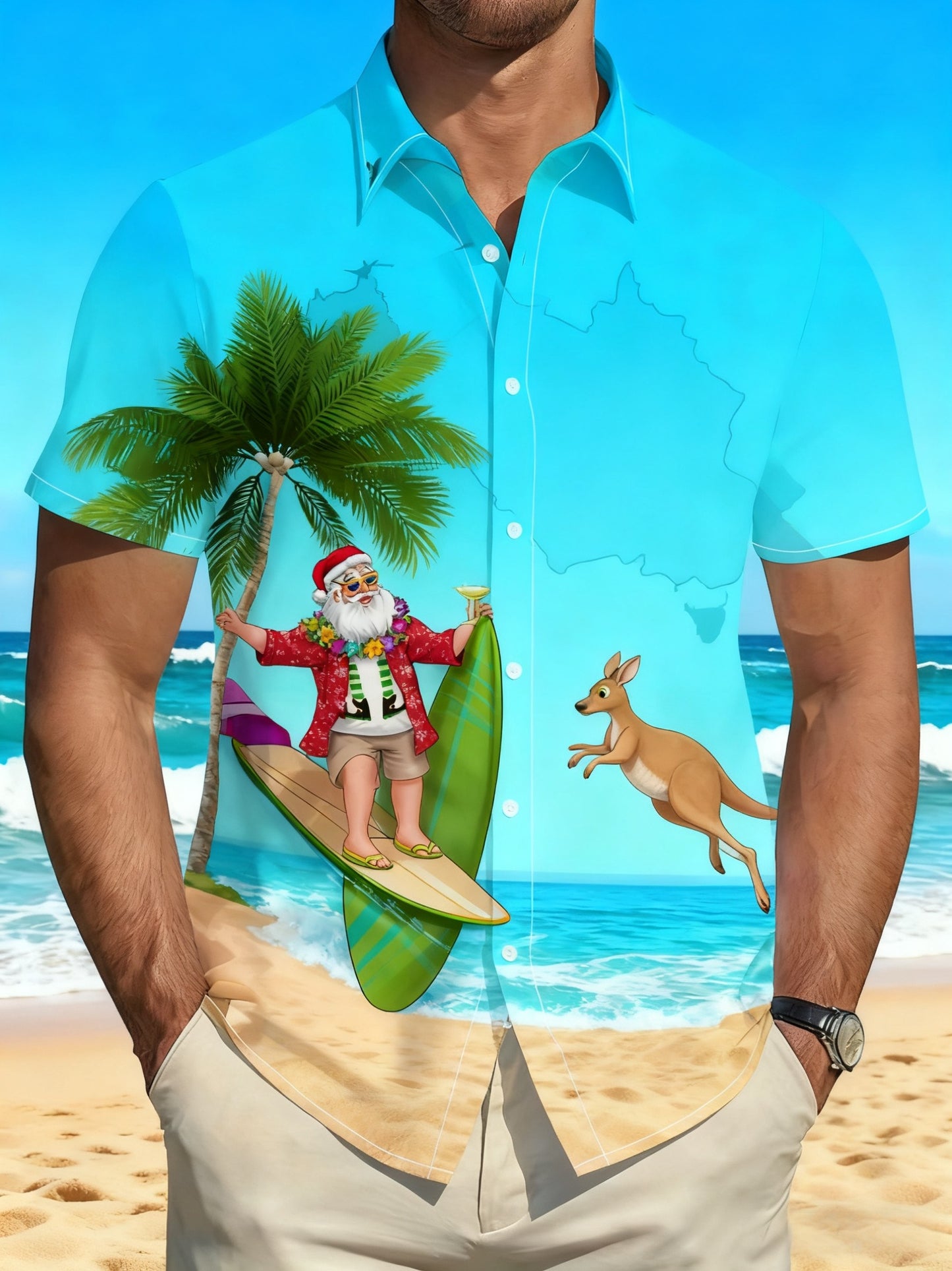 Men's Retro Australian Christmas Santa Claus Beach Kangaroo Abstract Print Casual Cotton Short Sleeve Shirt