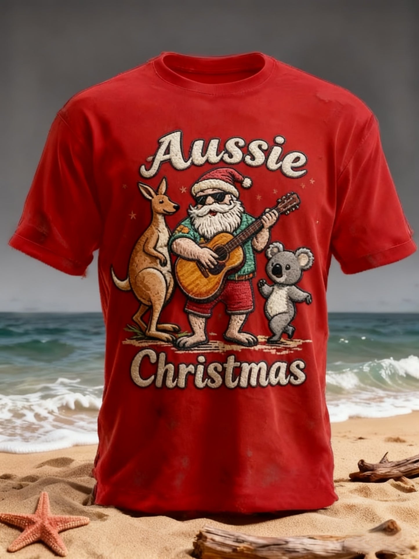 Retro Australian Christmas Beach Koala Kangaroo Print Casual Cotton Short Sleeve T-Shirt