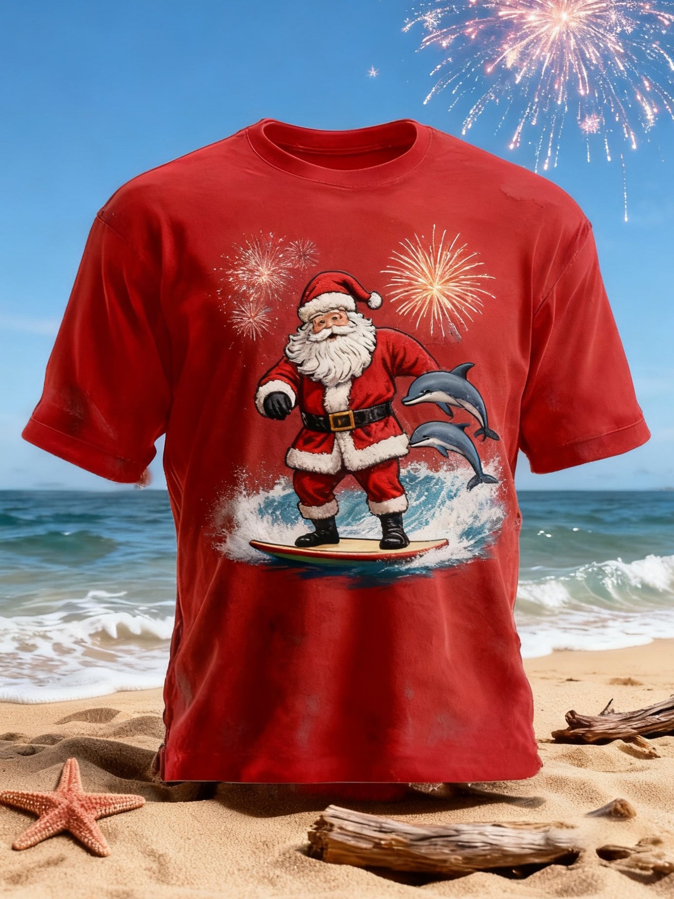 Retro Retro Australian Christmas Santa Surfs Print Casual Cotton Short Sleeve T-Shirt