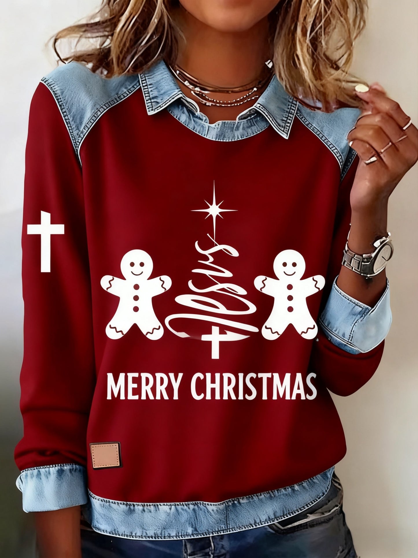 Retro Christmas Faith Gingerbread Man Abstract Print Casua Lapel Top