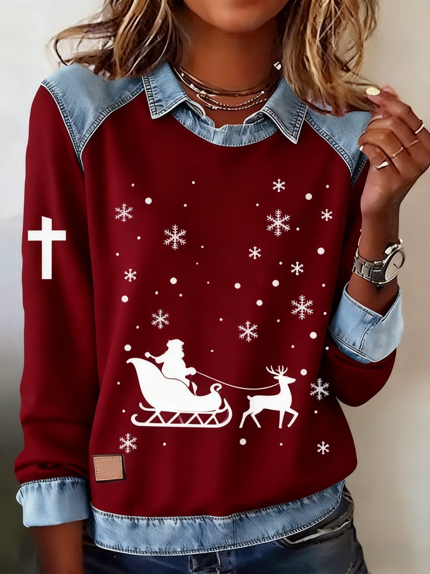 Retro Christmas Faith Abstract Print Casua Lapel Top