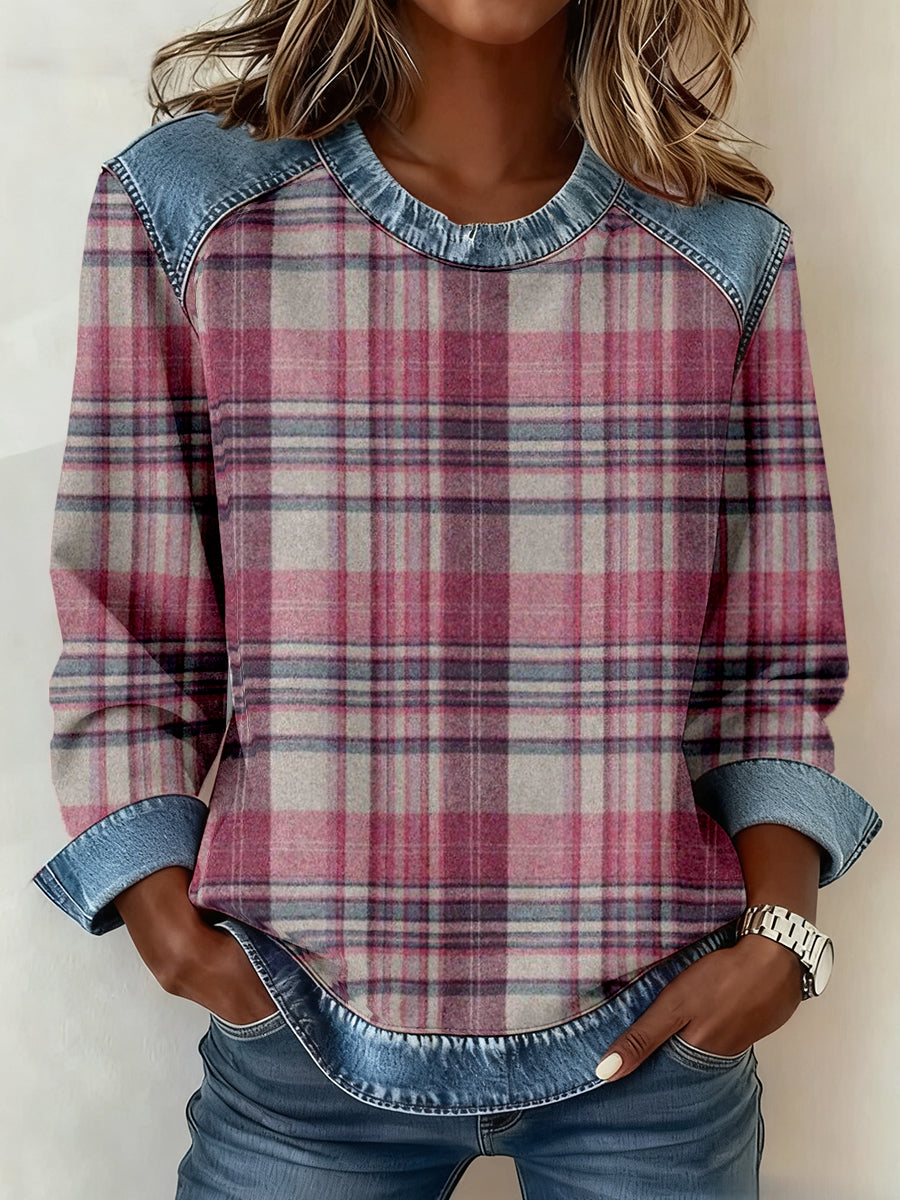 Women's Vintage Plaid Pattern Patchwork Art Sweatshirt