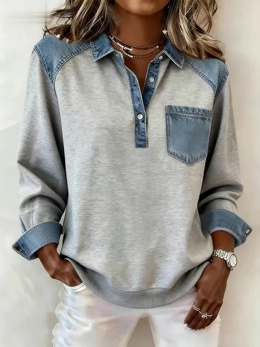 Women's Fashion Patchwork Design Lapel Sweatshirt