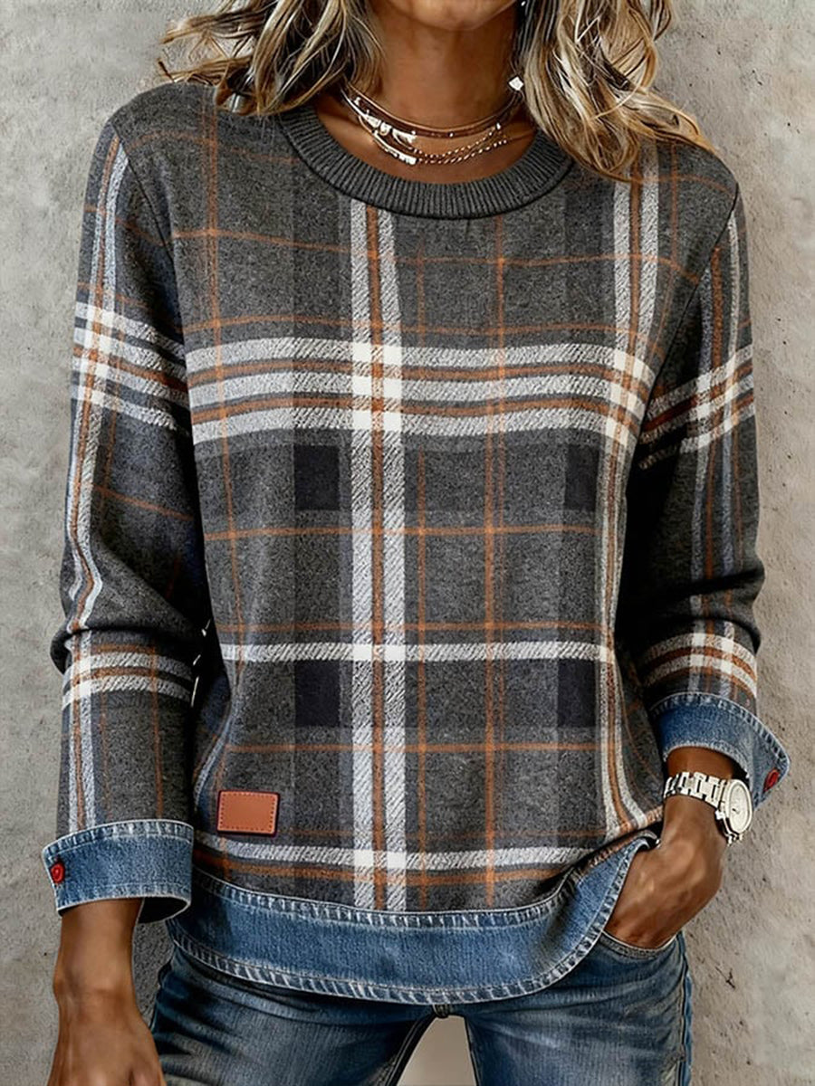 Women's Vintage Plaid Pattern Patchwork Art Sweatshirt