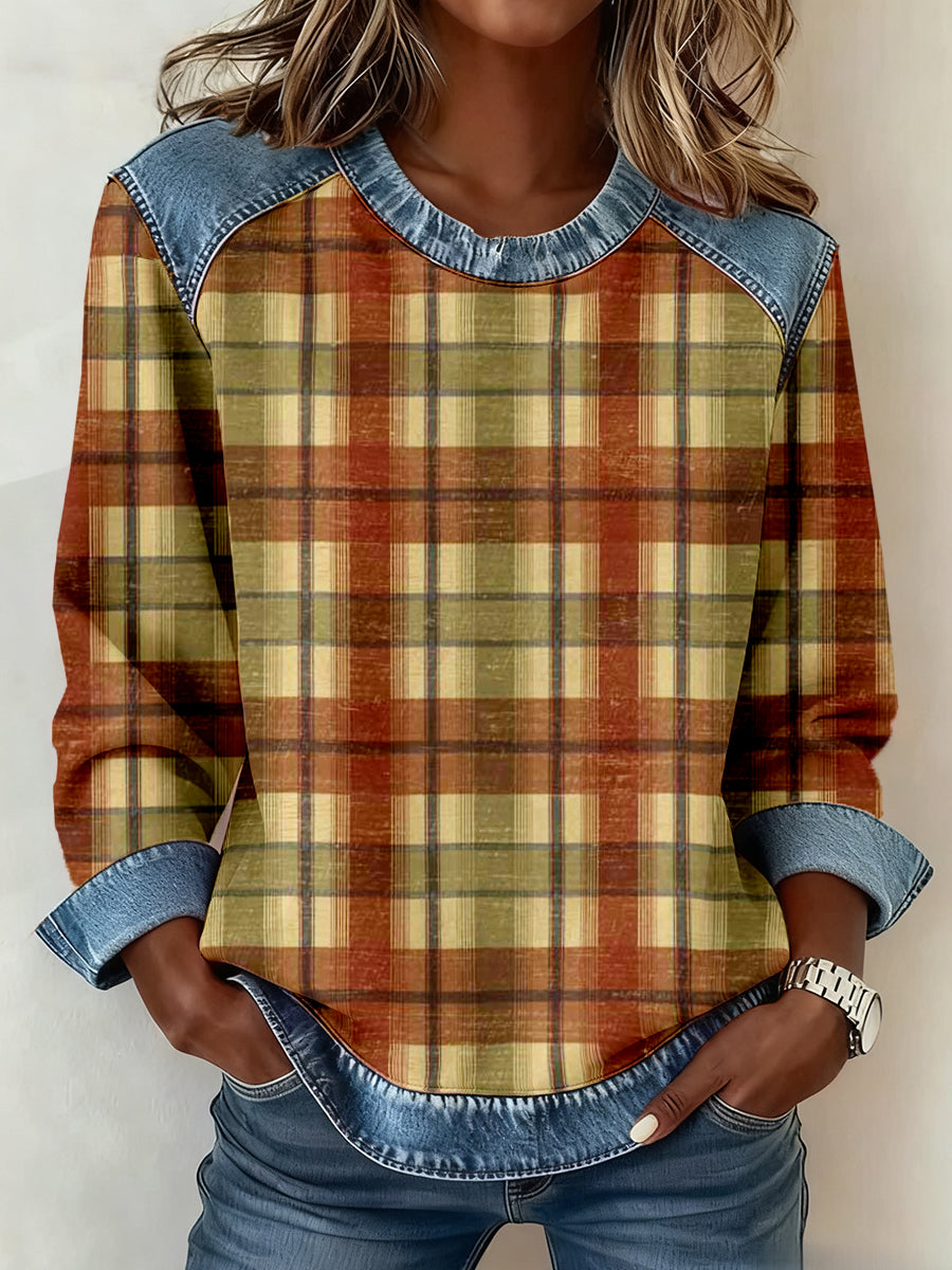 Women's Vintage Plaid Pattern Patchwork Art Sweatshirt