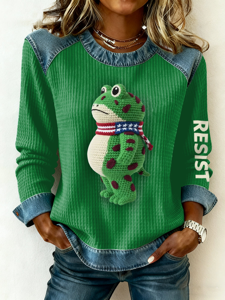 Women's Portland Frog Printed Waffle and denim panelled sweatshirt