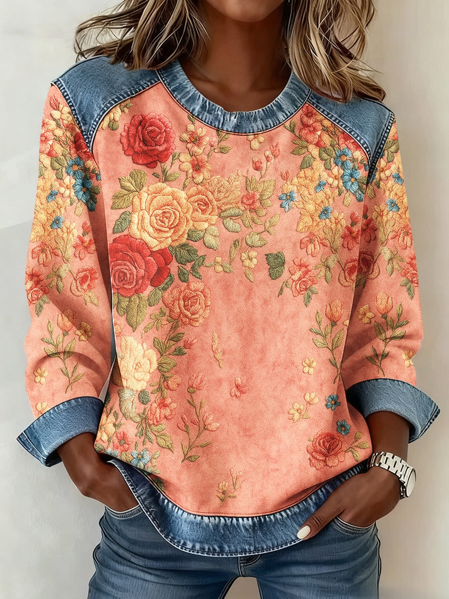 Women's Breast Cancer Awareness Floral 3D Print Denim Sweatshirt