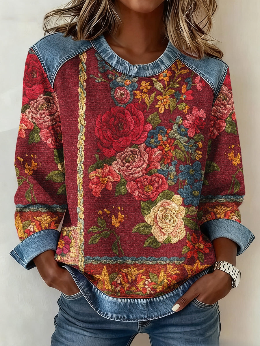 Women's Breast Cancer Awareness Floral 3D Print Denim Sweatshirt
