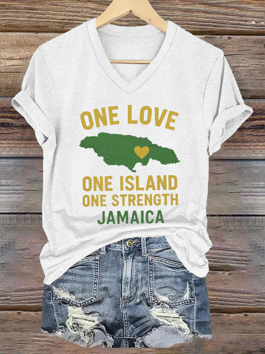 Women's Hurricane Melissa One Love One Island One Strength Jamaica V-Neck Tee