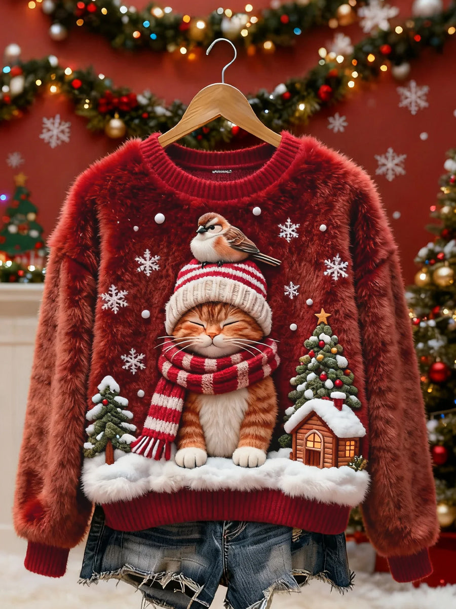 Women's Retro Christmas Animal Art Print Casual Flannel Top