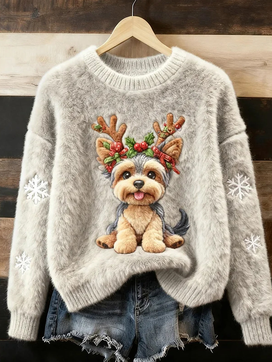 Women's Retro Christmas Animal Art Print Casual Flannel Top