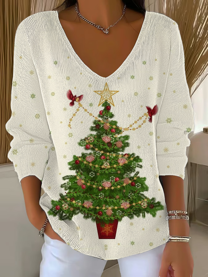Women's Christmas Tree Print V-Neck Ribbed Top