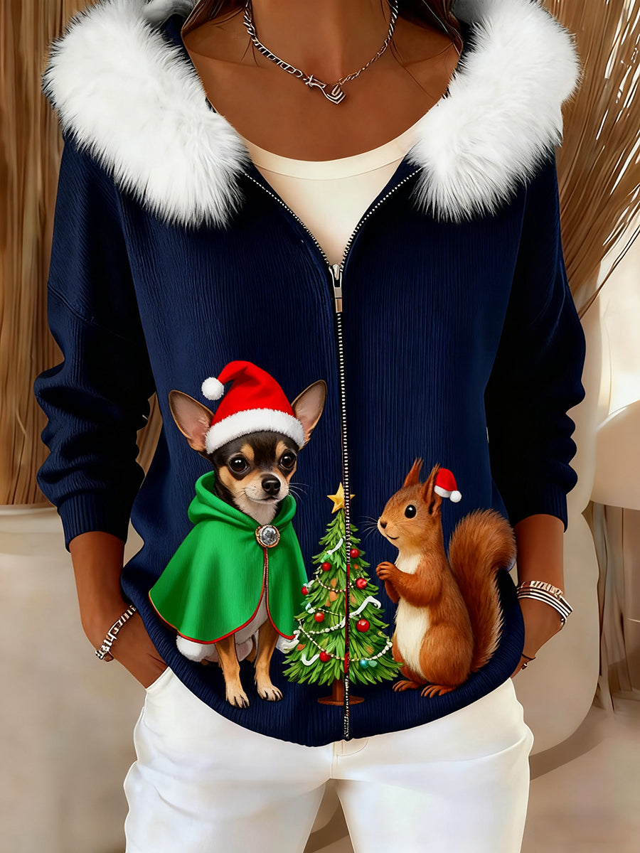Women's Retro Christmas Animal Art Comfortable Plush Hooded Cardigan