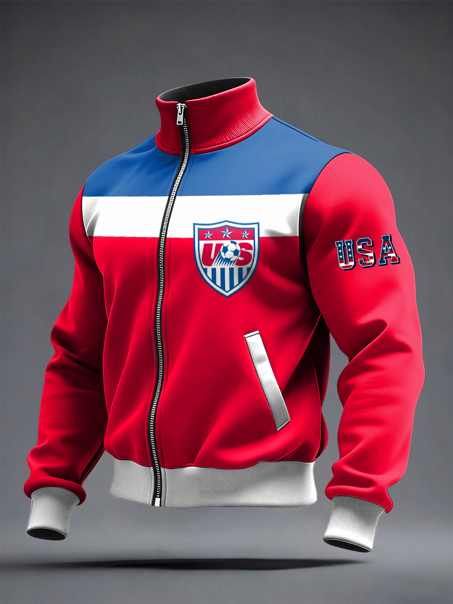 Men's World Cup US Printed long Sleeved Zipper Stand Up Collar Jacket