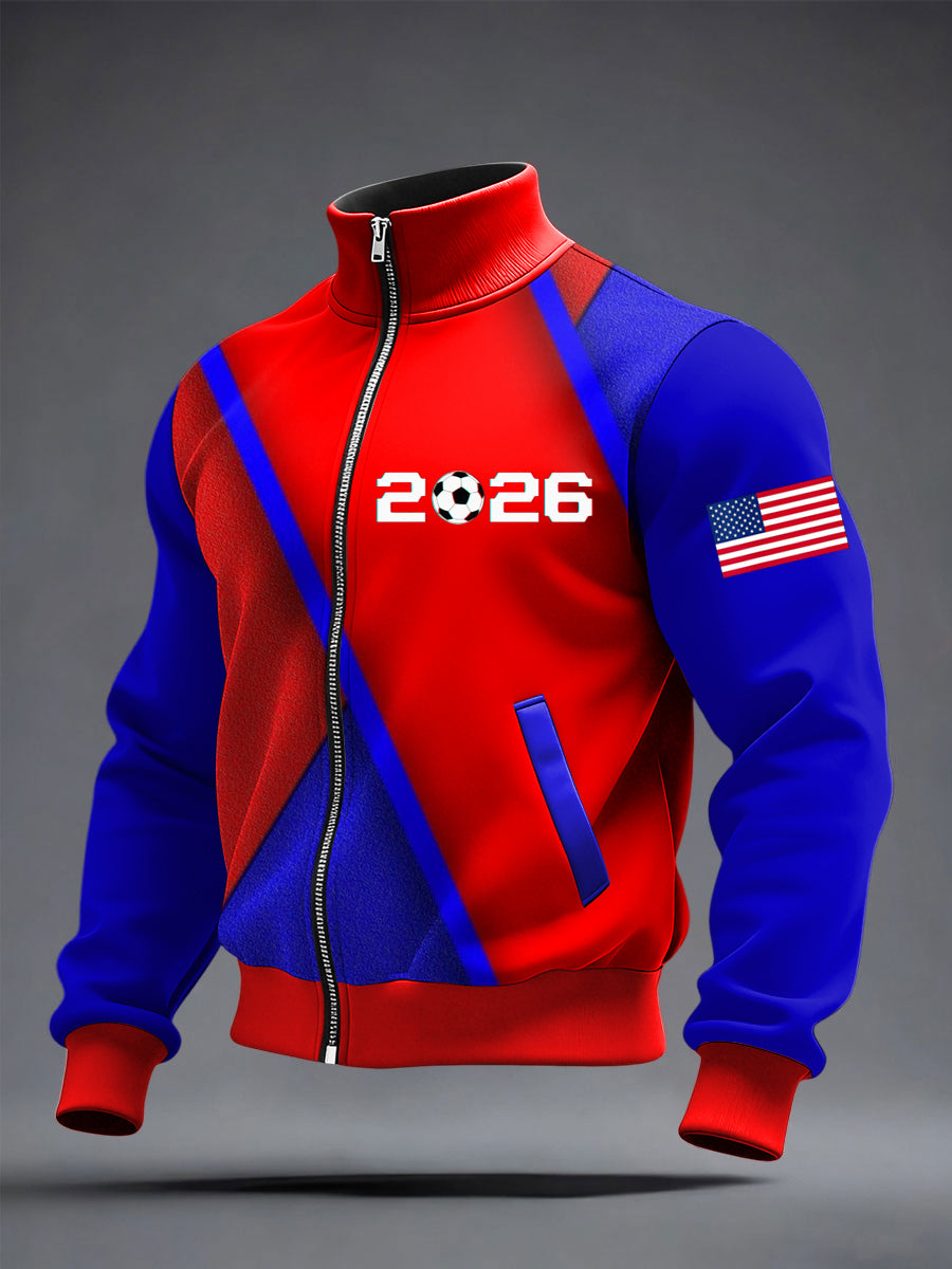 Men's US Printed long Sleeved Zipper Stand Up Collar Jacket
