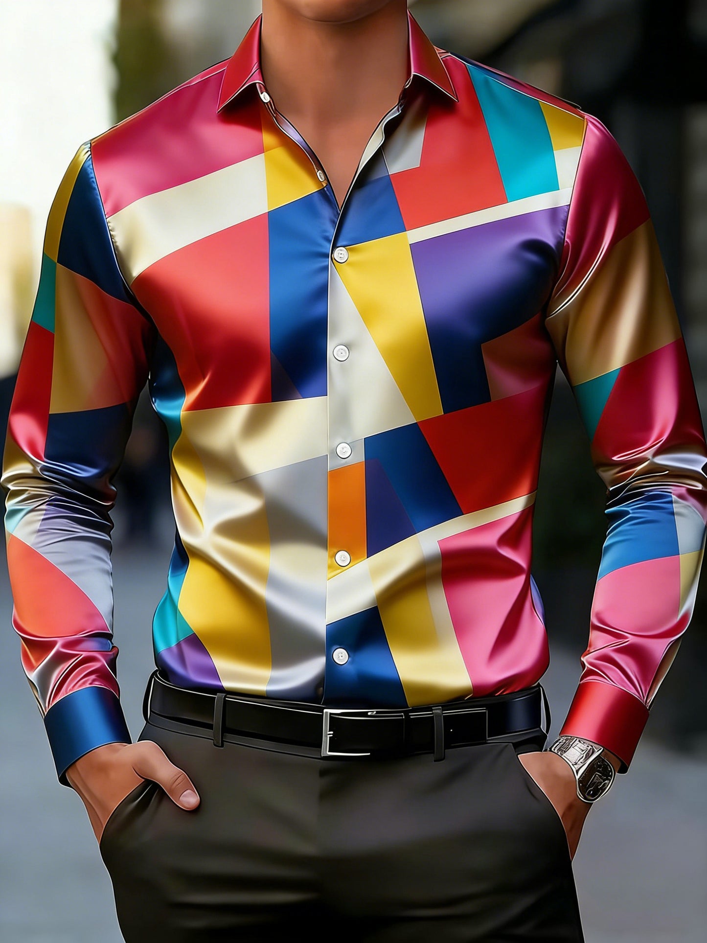 Men's Business Style Geometric Printed Satin Shirt