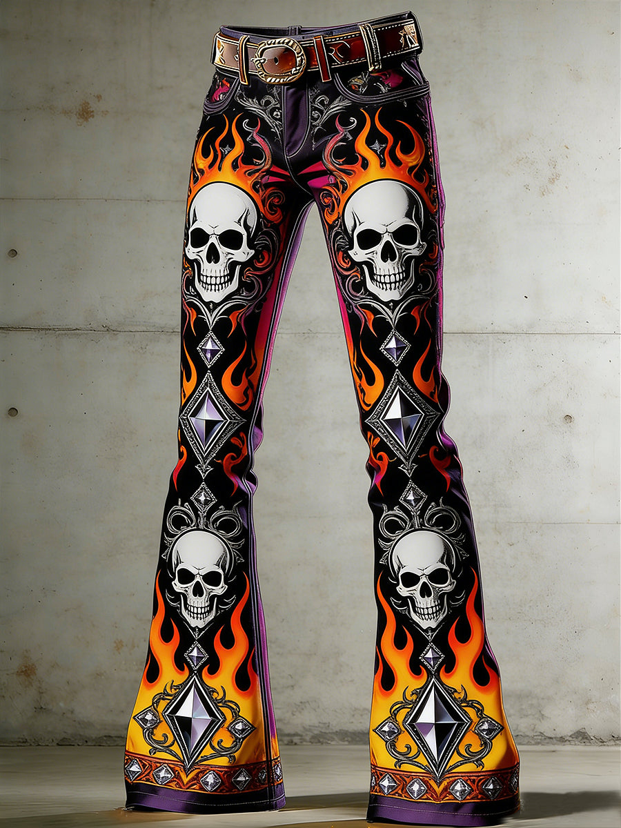 Women's Gothic Skull Art Print Flared Trousers