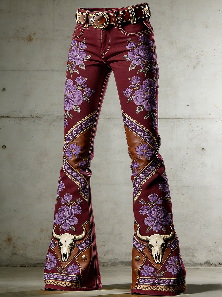 Women's Western Flowers Art Print Flared Trousers