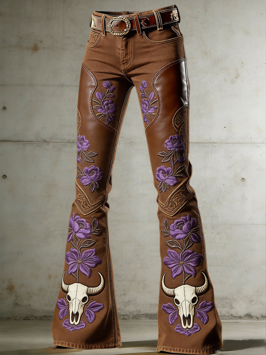Women's Western Flowers Art Print Flared Trousers