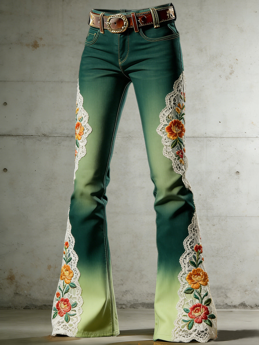 Women's Flower Art Print Flared Trousers