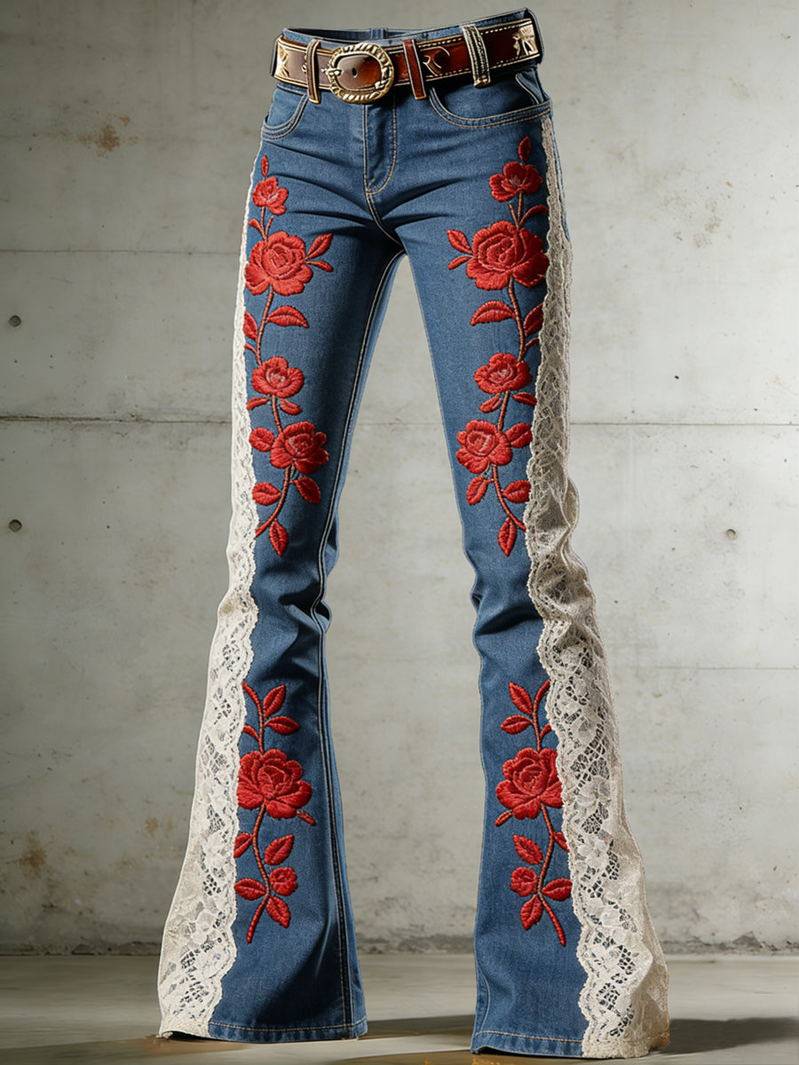 Women's Flower Art Print Flared Trousers