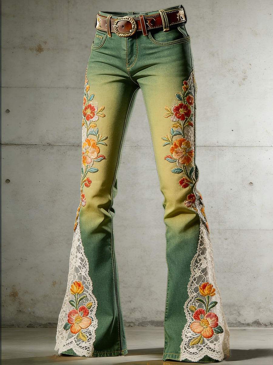 Women's Flower Art Print Flared Trousers