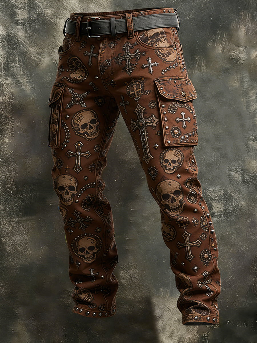 Men's Retro Vacation Business Gothic Skull Art Print Casual Workwear Trousers
