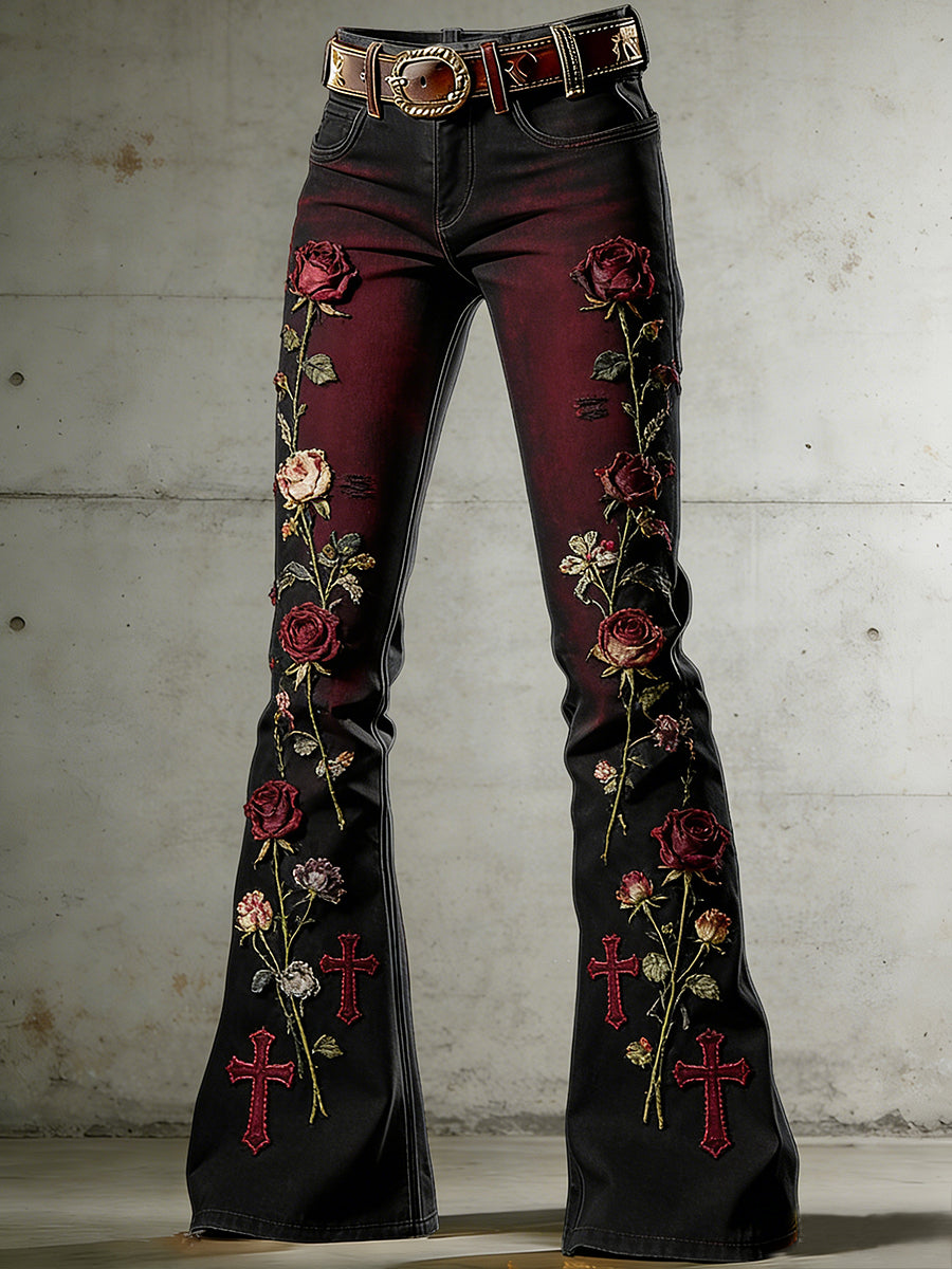 Women's Withered Rose Art Print Flared Trousers