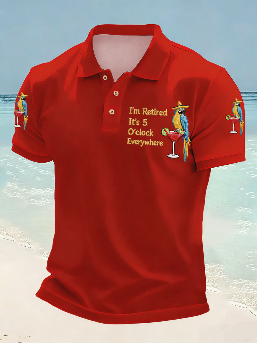 Men's I'm Retired It's 5 O'clock Everywhere Parrot Print Casual Polo