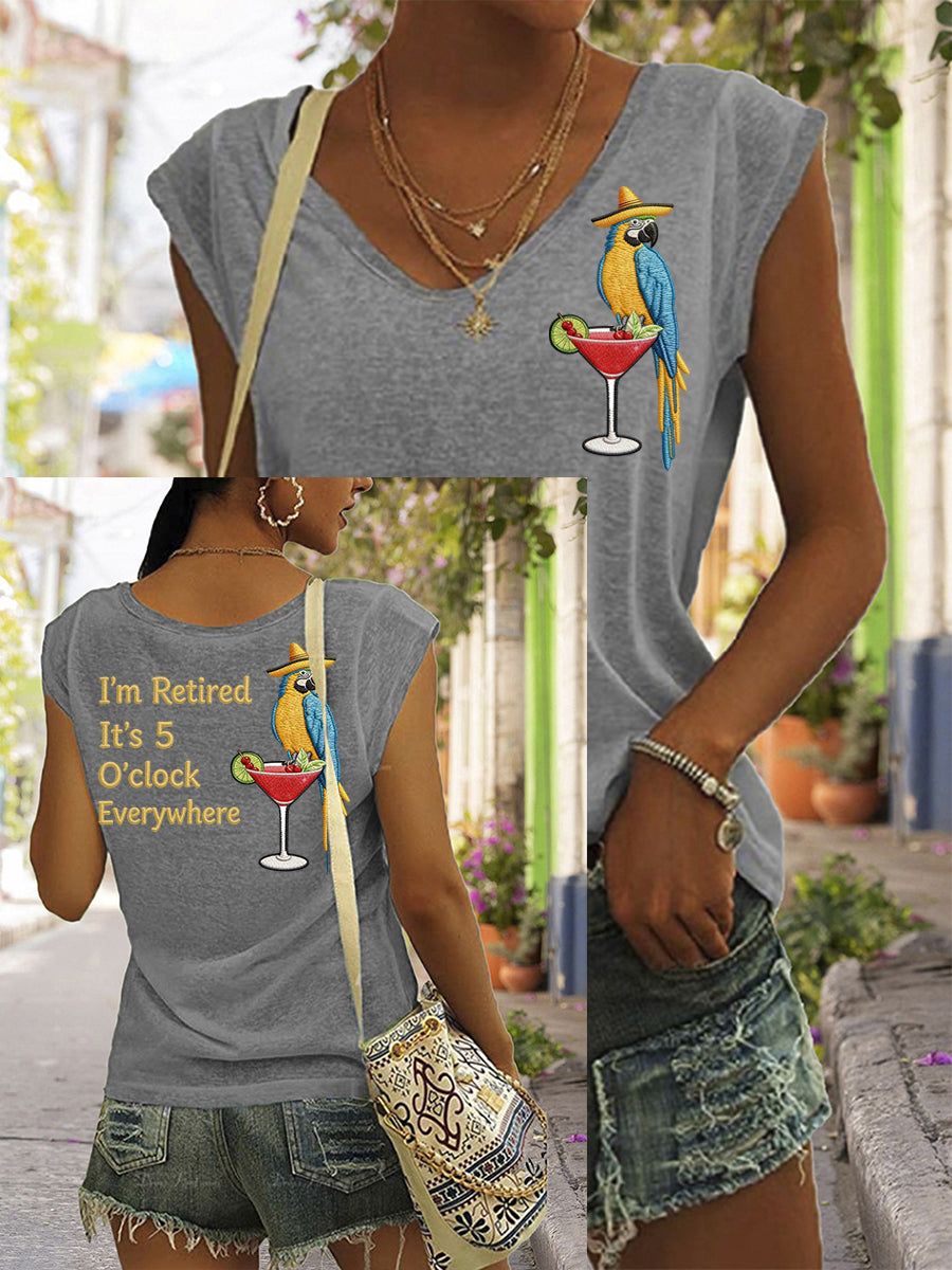 Women's I'm Retired It's 5 O'clock Everywhere Parrot Print Casual Sleeveless T-Shirt