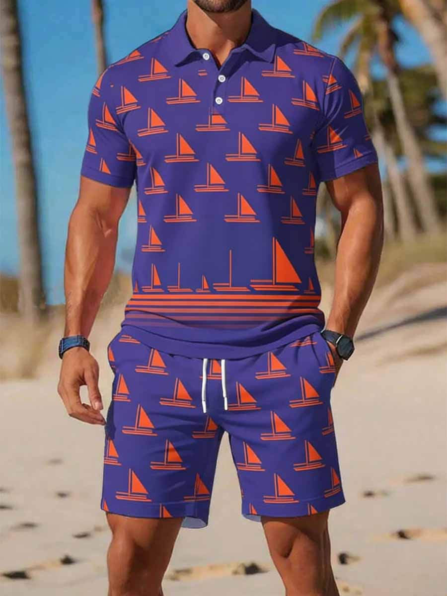 Men's Vintage Business Style Printed Casual Polo Shirt Suit