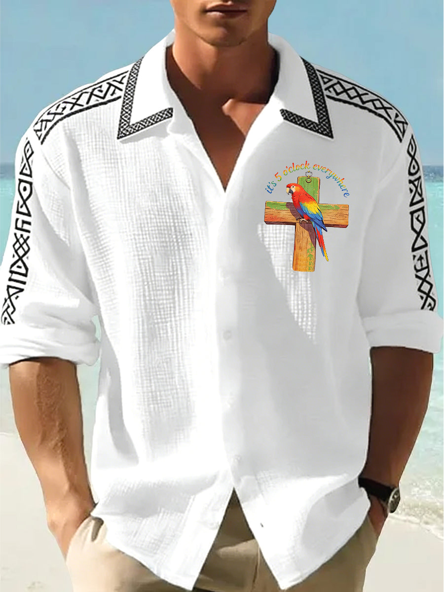 Men's Hawaiian-Style Casual Parrot-Print Waffle-Weave Shirt-1