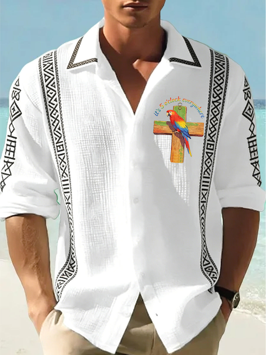 Men's Hawaiian-Style Casual Parrot-Print Waffle-Weave Shirt