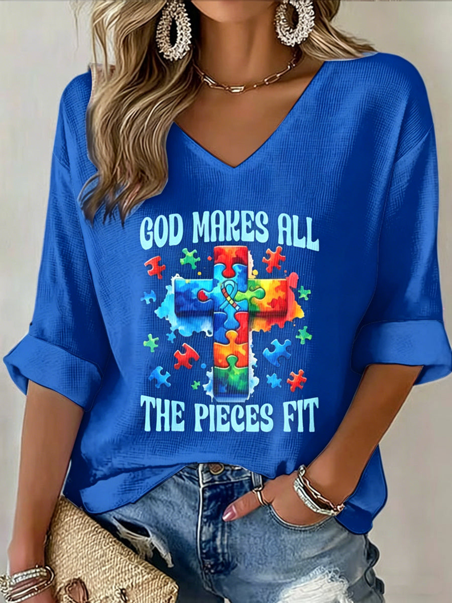 Women's V-neck Mid-Sleeve Autism Printed Casual T-shirt
