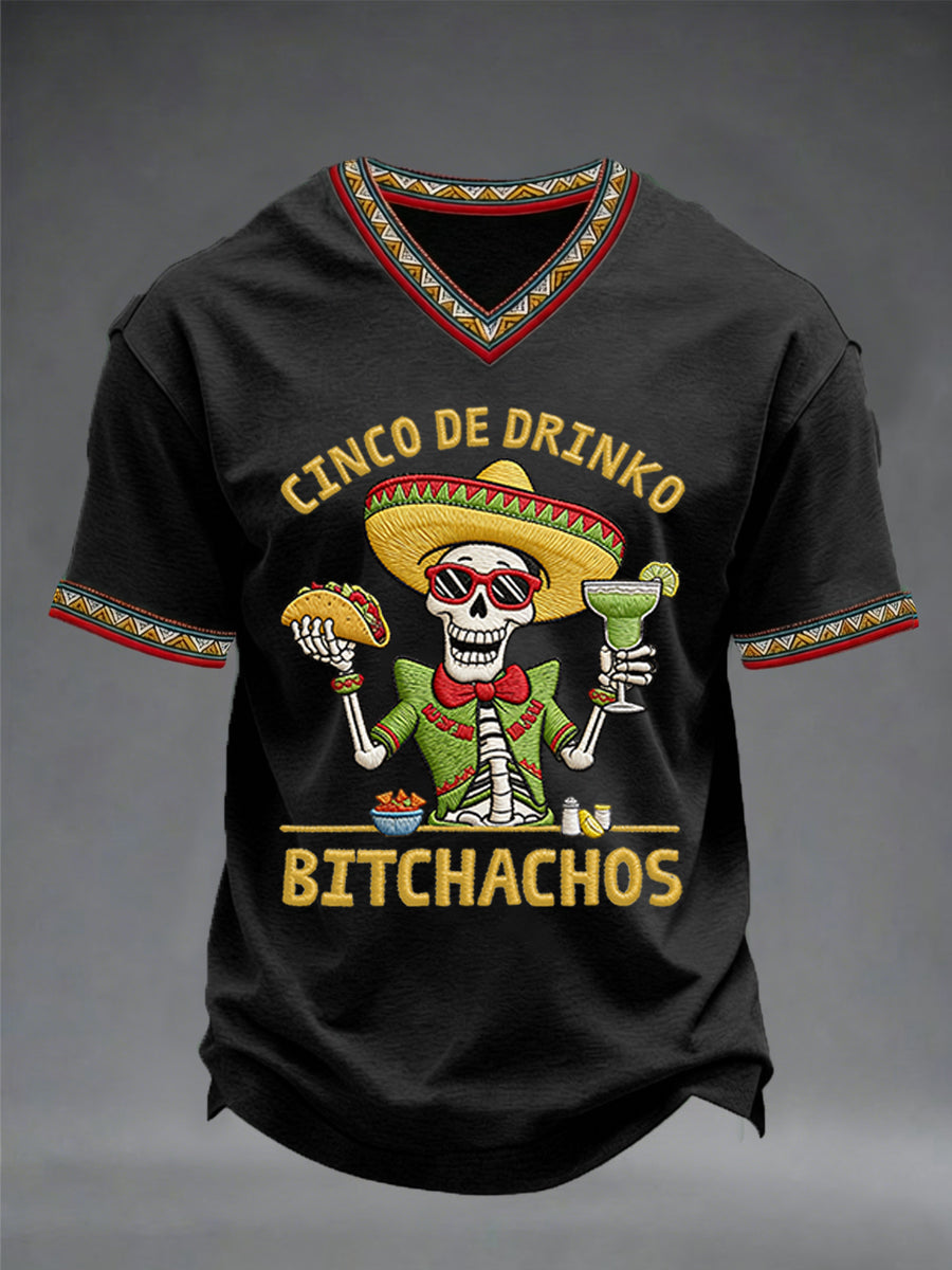 Men's Funny Cinco De Drinko Bitchachos Skeleton Print Casual V-Neck Tee