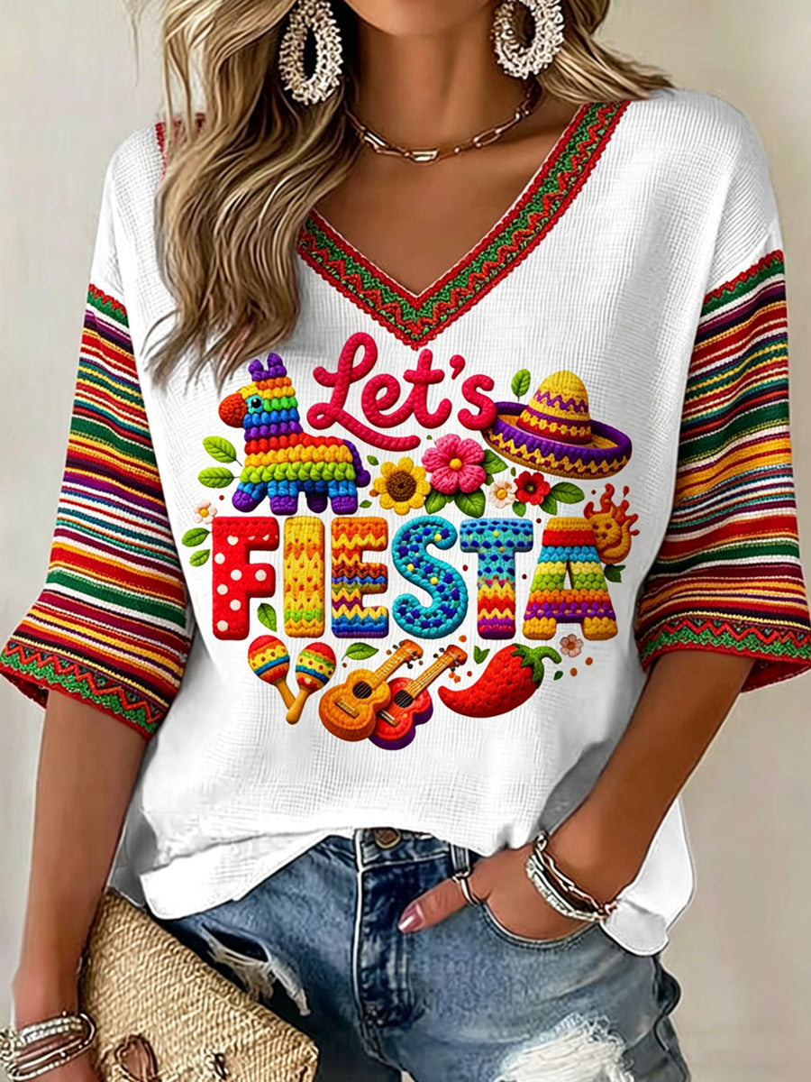 Women's V-neck Mid-Sleeve Cinco de Mayo Printed Casual T-shirt