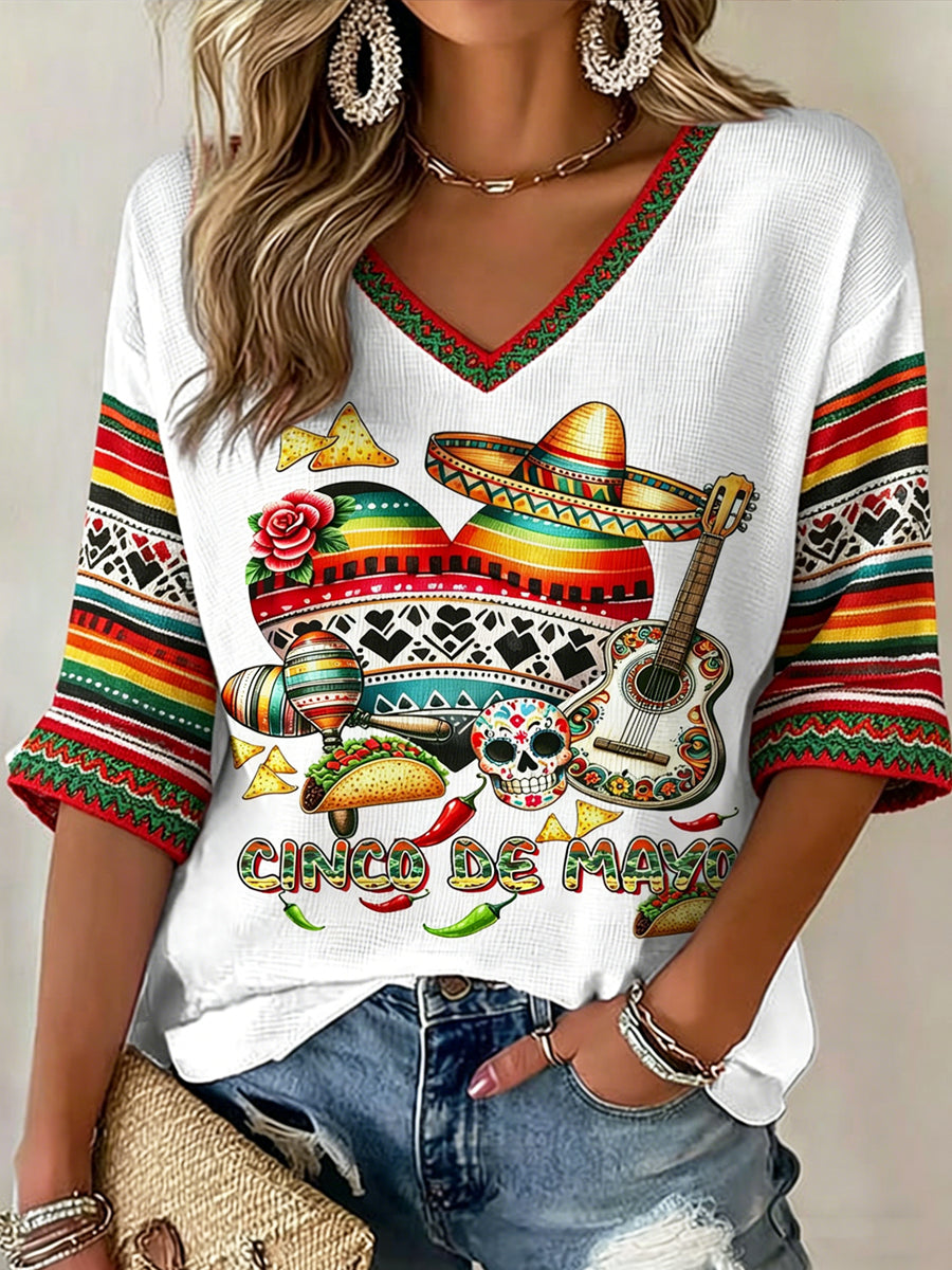 Women's V-neck Mid-Sleeve Cinco de Mayo Printed Casual T-shirt