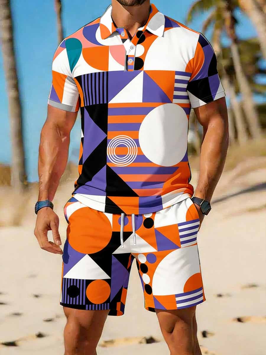 Men's Vintage Business Style Printed Casual Polo Shirt Sets