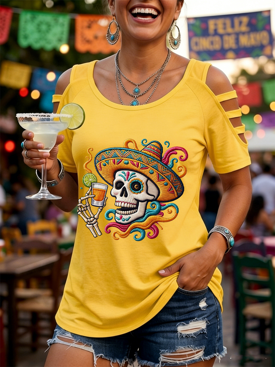 Women's Mexican Cinco de Mayo Printed round neck off-shoulder T-shirt