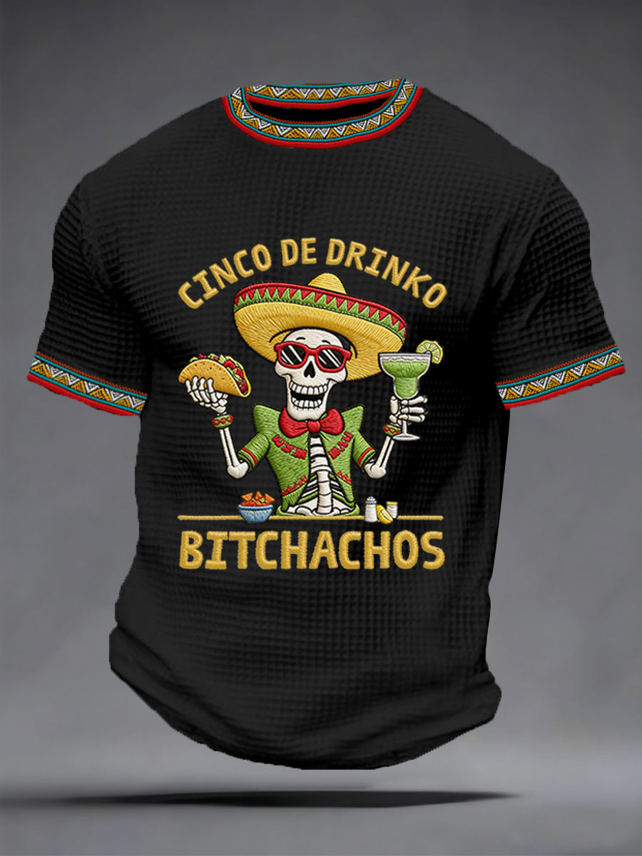 Men's Funny Cinco De Mayo Bitchachos Skull Print Waffle Tee