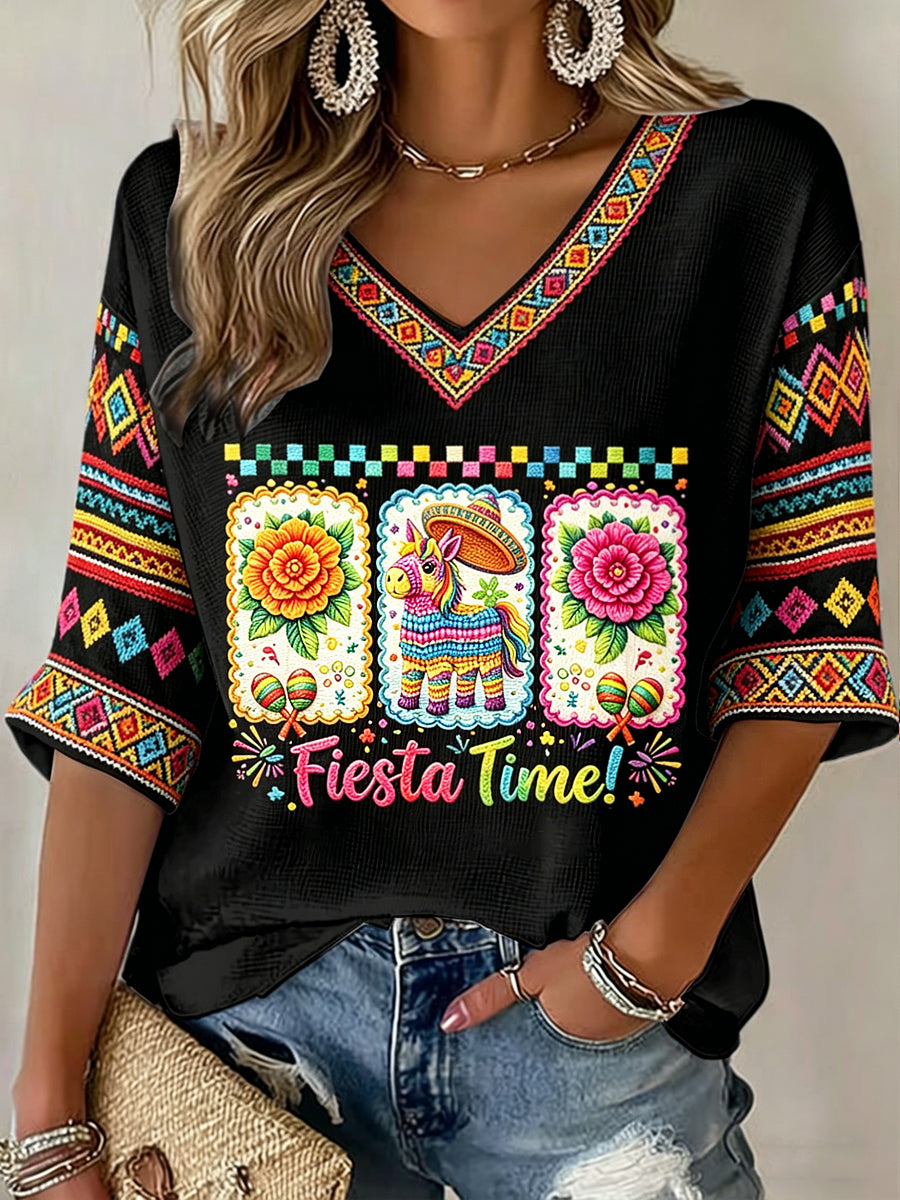 Women's V-neck Mid-Sleeve Cinco de Mayo Printed Casual T-shirt
