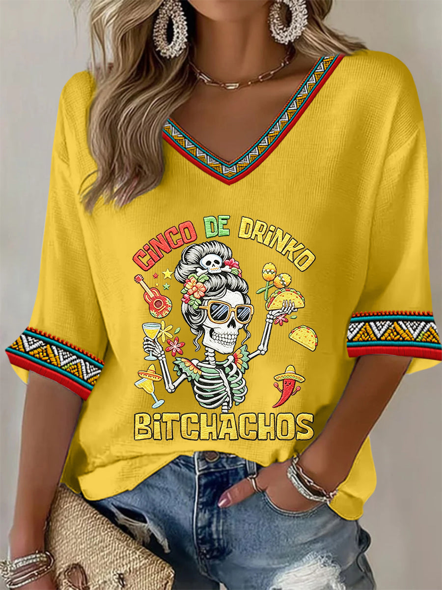 Women's Funny Cinco De Drinko Bitchachos Skeleton Print Casual Waffle T-shirt