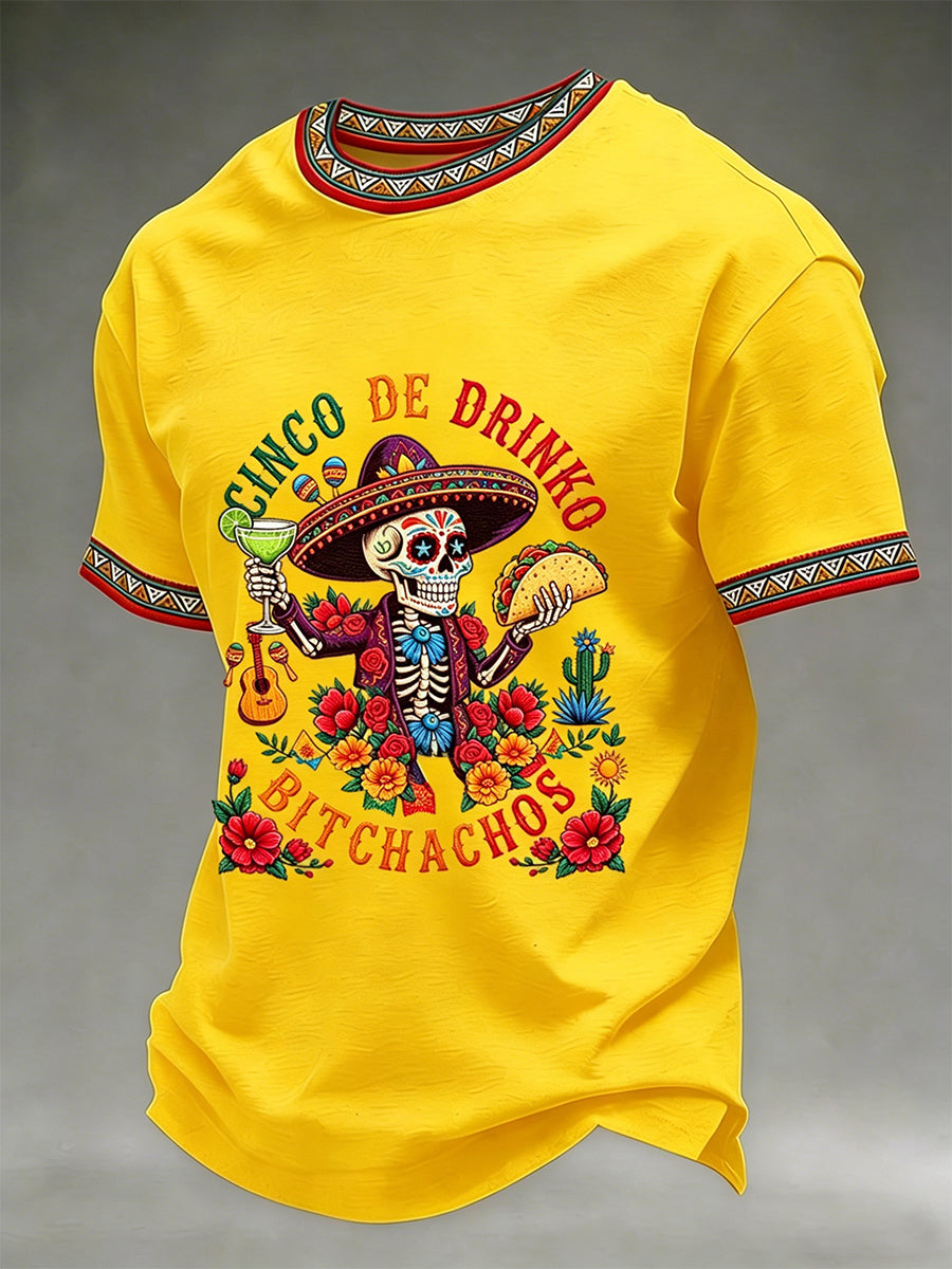 Men's Funny Cinco De Drinko Bitchachos Skeleton Print Casual Short-Sleeve T-shirt