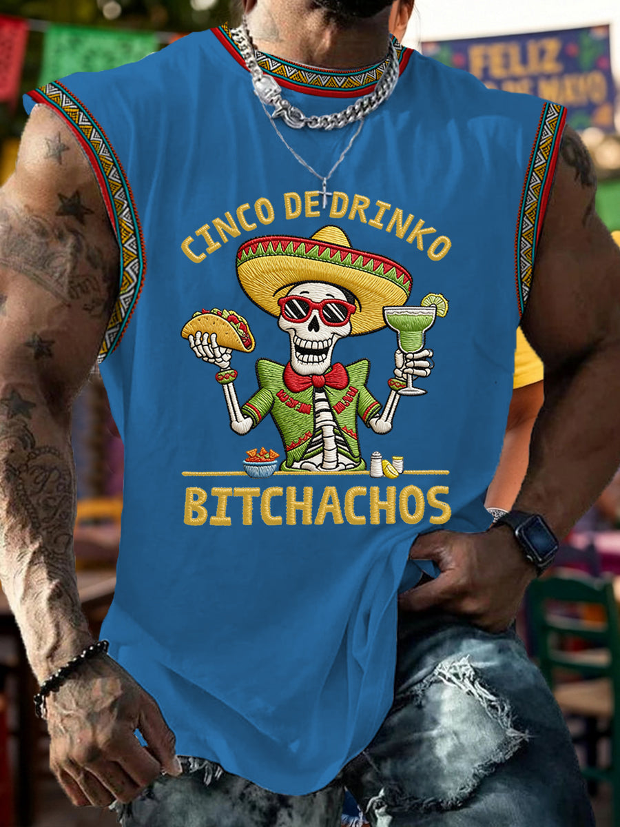 Men's Funny Cinco De Drinko Bitchachos Skull Print Tank Top